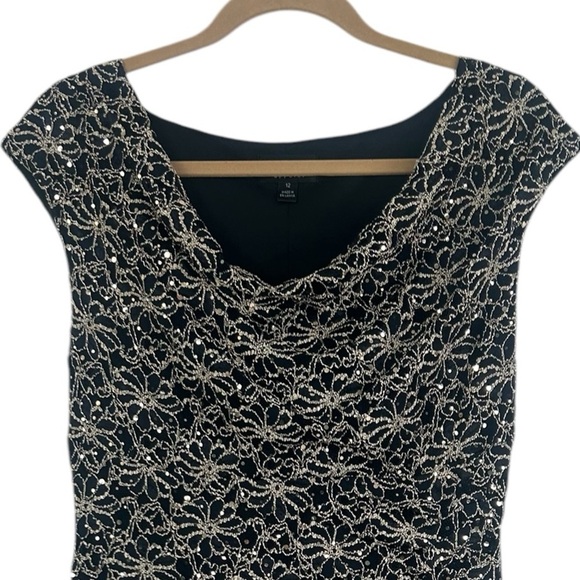 Connect Apparel Gold Black Floral Dark Romantic Cowl Sheath Dress 12 Y2K - Picture 4 of 16